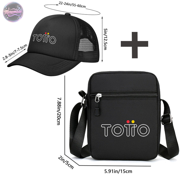 Totto Set de Bolso Bandolera 2 en 1 y Gorra de Béisbol - Bolso Ajustable Unisex con Gorra de Logo a Juego, Diseño de Logo Golden-Toto (Sin Herrajes), Combo Casual para Hombres y Mujeres, Uso Diario, Esenciales de Viaje, Ropa Deportiva