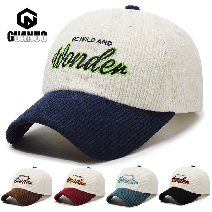 Gorra de béisbol de pana para hombre y mujer con adorno WONDER en la espalda - Sombrero para el sol con ala curva, Verde Marino Marrón, Gorro unisex estilo streetwear para outfits casuales y formales, Tejido de pana duradero y ajuste cómodo, Versátil para