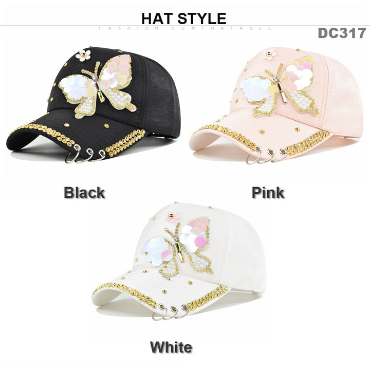 Gorra de béisbol blanca estilo punk para mujer con mariposa de diamantes de imitación brillantes y hebilla de anillo de metal - Cierre ajustable snapback, visera adornada en 3D, ajuste sin elasticidad para fiestas, escenarios, atuendos diarios - Sombrero