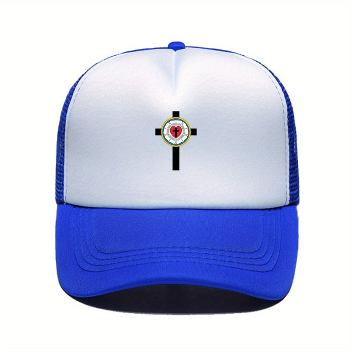 1 pieza de gorra de béisbol con cruz de rosa de Lutero - Diseño de dos tonos rosa y blanco con cruz negra, poliéster, ajustable con cierre de presión, perfecta para golf, deportes y uso casual, idea de regalo para el Día de la Madre, gorro casual | Gorra