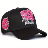 Gorra de béisbol ajustable para mujer - Estilo negro con 'BILLS FIGHT' y grafiti rosa, protección solar, poliéster transpirable, ideal para actividades al aire libre en primavera y otoño, viajes, vacaciones en la playa.