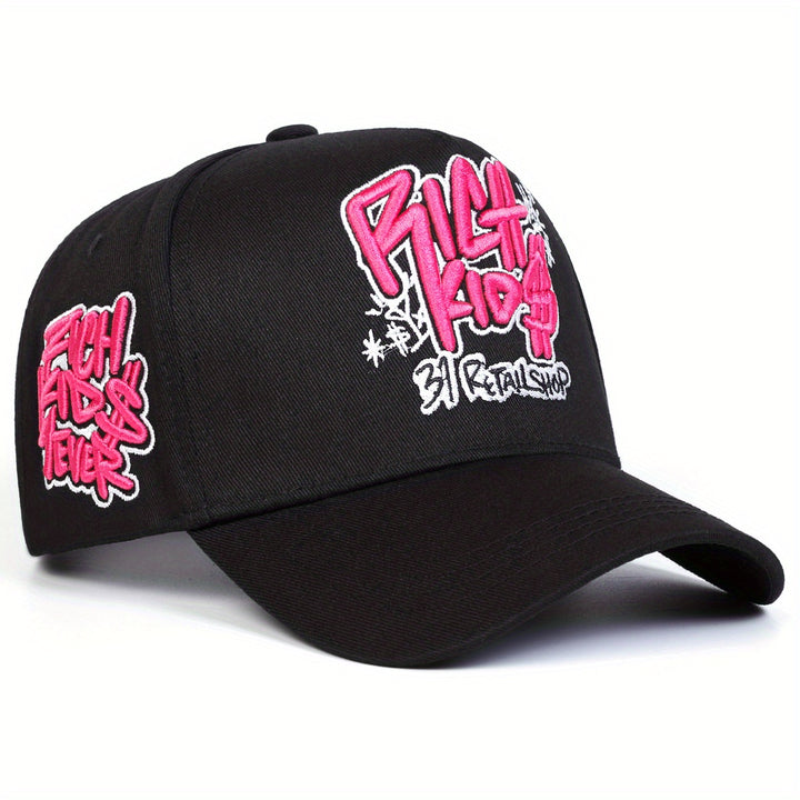 Gorra de béisbol ajustable para mujer - Estilo negro con 'BILLS FIGHT' y grafiti rosa, protección solar, poliéster transpirable, ideal para actividades al aire libre en primavera y otoño, viajes, vacaciones en la playa.