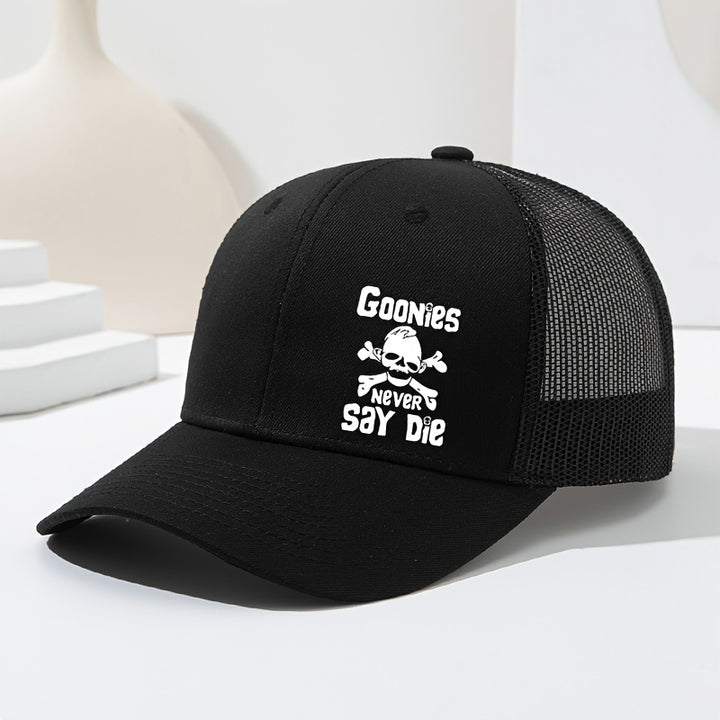 Goonies Never Say Die Gorra de Camionero con Calavera y Huesos Cruzados - Gorra Ajustable Transpirable para Hombres y Mujeres, Diseño /Blanco para Deportes al Aire Libre, Senderismo, Pesca (Primavera/Verano), Ropa Temática Fantástica, Fácil Cuidado