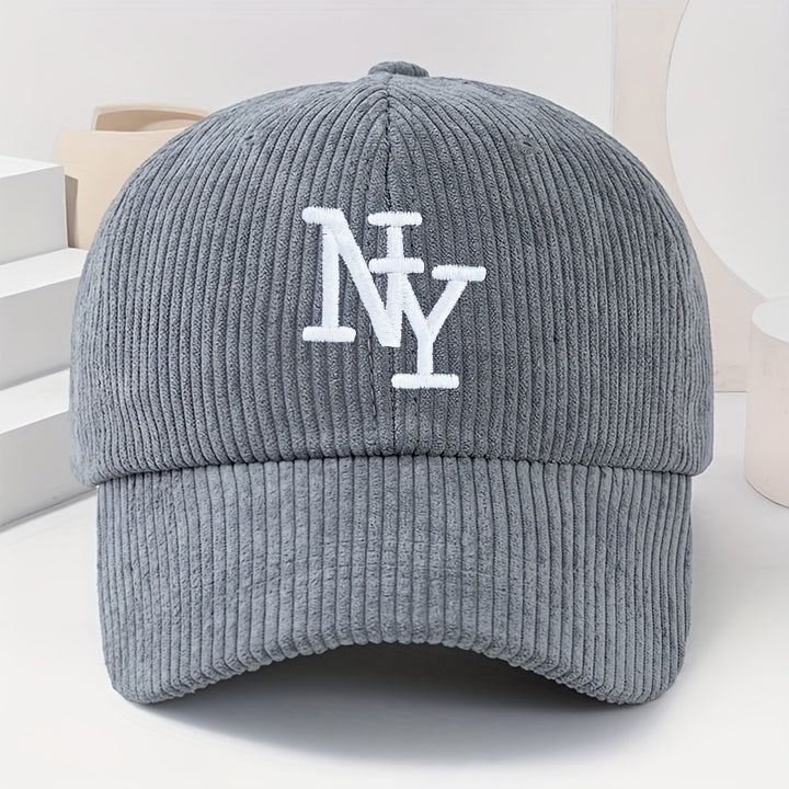 Gorra ajustable NY con logo bordado, unisex, negra/blanca tipo pana, ligera y abrigada para invierno y todo clima, bordado temático NY, regalo casual para fans (lavable a mano)