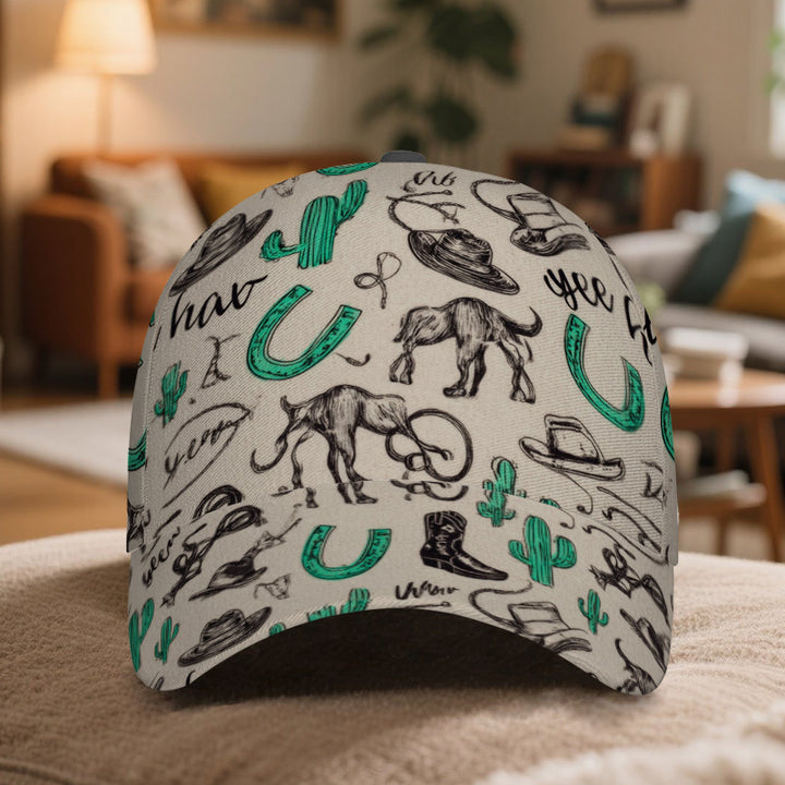 1 gorra de béisbol con estilo vaquero occidental - Gorra vibrante de poliéster con cierre ajustable, diseño completo con cactus, ideales para correr, deportes y ropa de calle al aire libre.