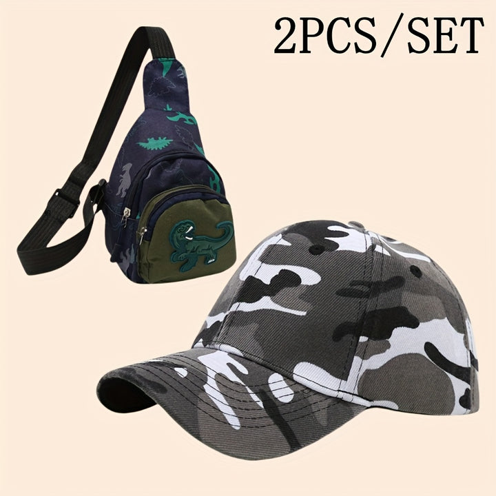 Conjunto de 2 piezas para Niños: Bolso Bandolera con Diseño de Dinosaurio y Gorra de Béisbol de Camuflaje, Sombrero Deportivo al Aire Libre para Chicos, Regalo de Riñonera