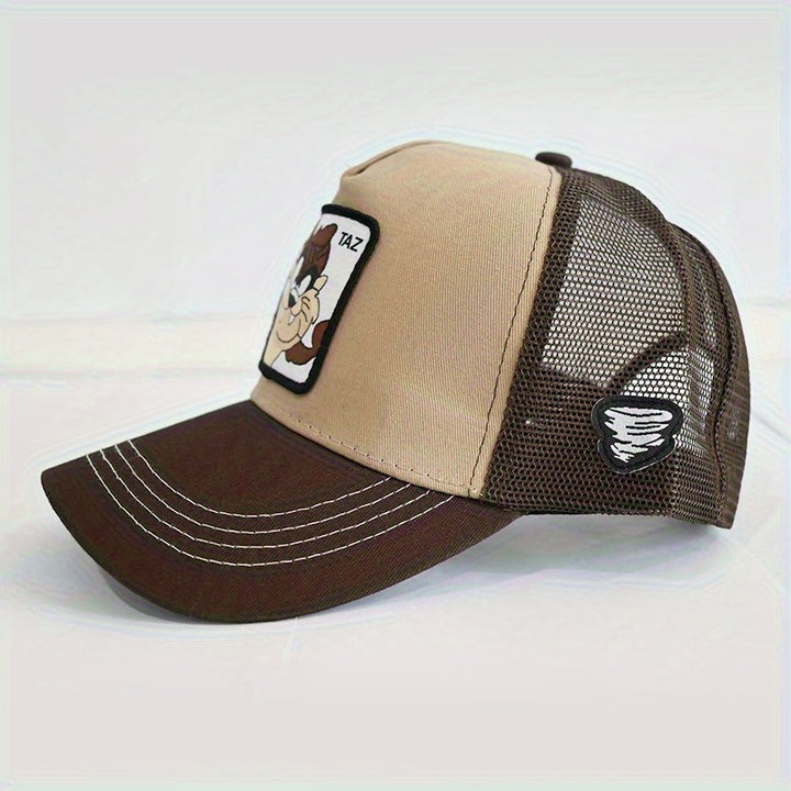 Gorra de béisbol para hombres de tela tejida con protección solar UPF - Parte trasera de malla transpirable y ajuste suave y cómodo, gorra trucker marrón/beige con estilo Y2K, diseño de logo M.A.S.K. y letras en 3D para eventos casuales y formales, ideal