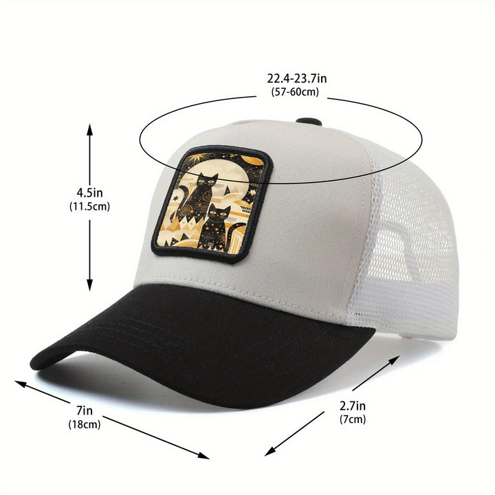 Gorra de béisbol con fase lunar de gato negro bohemio para hombre y mujer - Gorra ajustable de malla, ligera y transpirable para verano con bordado 3D, diseño de anime de hip hop para actividades al aire libre, ropa casual para la cabeza, accesorios de mo