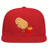1 Gorra Ajustable de Béisbol con Estampado Divertido de Papa y Papas Fritas - Visera Plana Roja con Ribete Blanco, Estilo Streetwear Moderno para Hombres, Deportes al Aire Libre y Eventos Temáticos (Correa Ajustable)