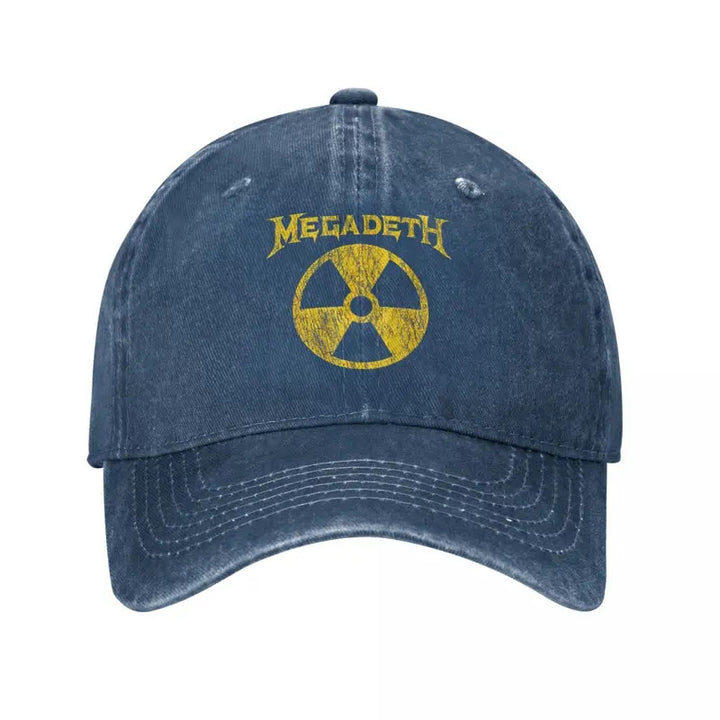 Gorra de Béisbol de la Banda de Rock Metálico Nuclear Retro Megadeth | Gorra Snapback Desgastada Unisex | Ajustable, Ligera y Lavable a Máquina | Negra con Diseño del Símbolo de Radiación Amarillo | Accesorio Deportivo para Exteriores para Hombres y Mujer