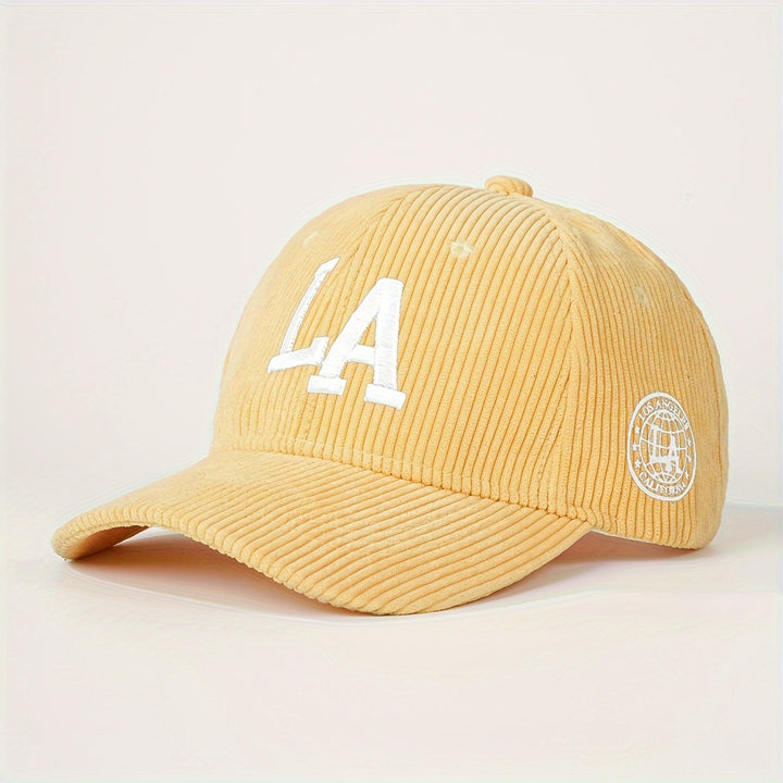 1pc Gorra de béisbol de pana bordada LA, unisex, ajustable, transpirable, sombrero de camionero, sombrero de sol de verano de moda con visera curva para hombres y mujeres, 100% algodón, solo lavar a mano.