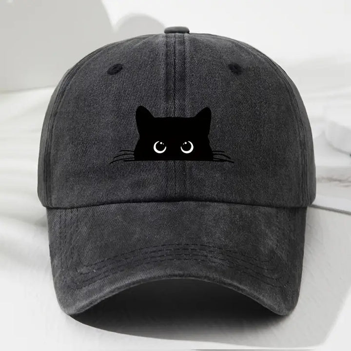 Gorra de béisbol negra para mujer con diseño de lindo rostro de gato - Snapback ajustable transpirable, orejas de gato juguetonas y ojos expresivos, sombrero casual duradero para otoño e invierno, gorro urbano para el día a día para mujeres