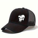 Gorra de béisbol unisex con estampado de cráneo, tamaño ajustable, verano, exterior, malla transpirable, gorra de camionero con borde curvo, adecuada para ocasiones informales como vacaciones, viajes y camping.