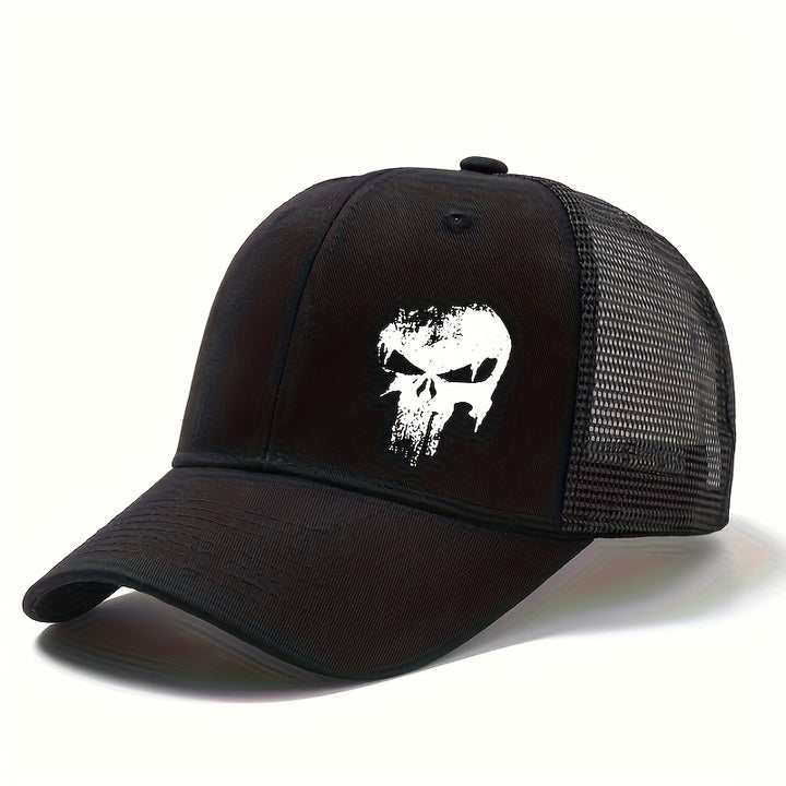 Gorra de béisbol unisex con estampado de cráneo, tamaño ajustable, verano, exterior, malla transpirable, gorra de camionero con borde curvo, adecuada para ocasiones informales como vacaciones, viajes y camping.