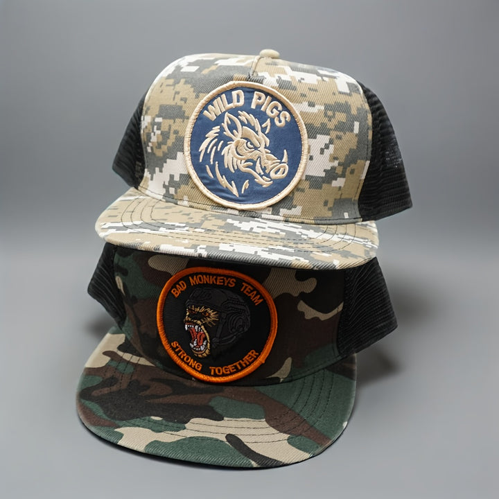 Gorra de camuflaje con bordado Wild Plg - Espalda de malla transpirable, ajuste ajustable, negro con patrón de camuflaje, estilo hip-hop de ropa de calle, perfecta para el Día de la Independencia y atuendos casuales, gorra casual | Diseño de camuflaje | G