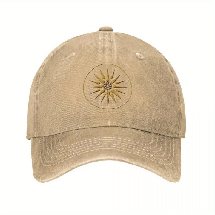 Gorra de Béisbol Dorada con Símbolo de Macedonia - Gorra Ajustable Snapback, Diseño de Seis Paneles en Denim Transpirable para Hombres y Mujeres, Estilo Casual Urbano (Lavable a Máquina) - Uso Formal y Diario, Sombrero Versátil, Emblema Impreso, Cómoda y