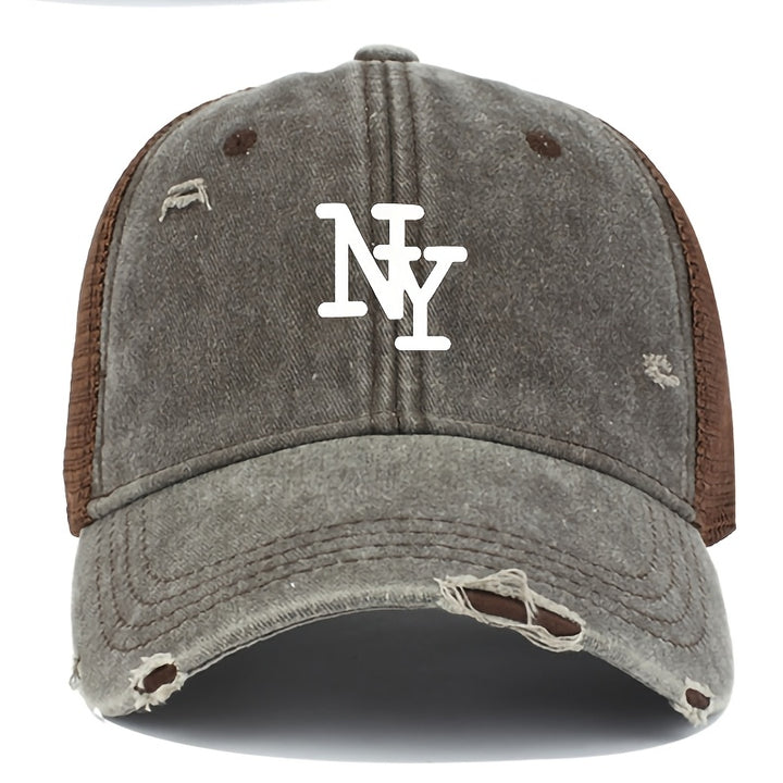 Gorra de camionero de malla desgastada con estampado de NY para hombre - Gorra de béisbol ligera, transpirable, con cierre de snapback, gris, gorra de béisbol