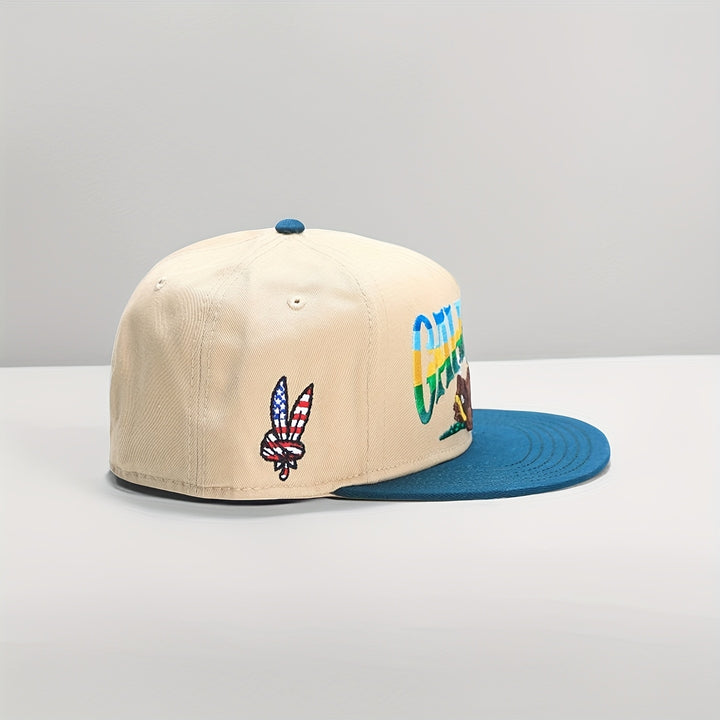Gorra CALI RUSH bordada con parche de oso/conejo, visera plana en beige y verde azulado, ajustable, estilo retro y urbano, para protección solar