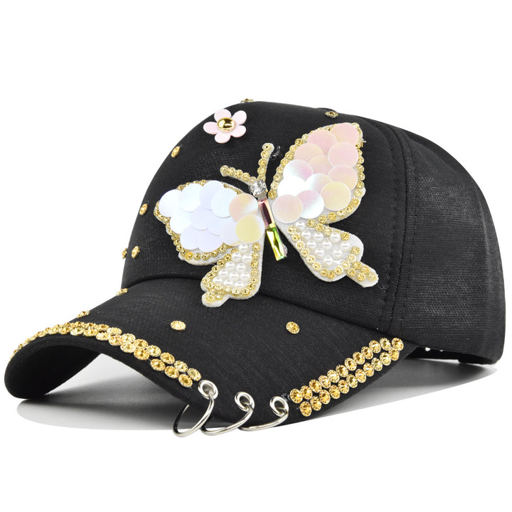 Gorra de béisbol blanca estilo punk para mujer con mariposa de diamantes de imitación brillantes y hebilla de anillo de metal - Cierre ajustable snapback, visera adornada en 3D, ajuste sin elasticidad para fiestas, escenarios, atuendos diarios - Sombrero