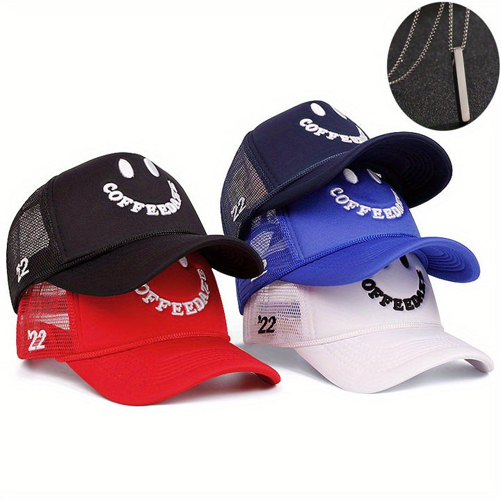 Conjunto de 2 piezas, sombrero + 'adornos', 2025 nuevo rostro sonriente bordado, casual, simple y transpirable gorra de béisbol para mujer, ligera, ajuste ajustable, tejido artesanal, tema de ocasión, lavado a mano o limpieza profesional, gorra de béisbol