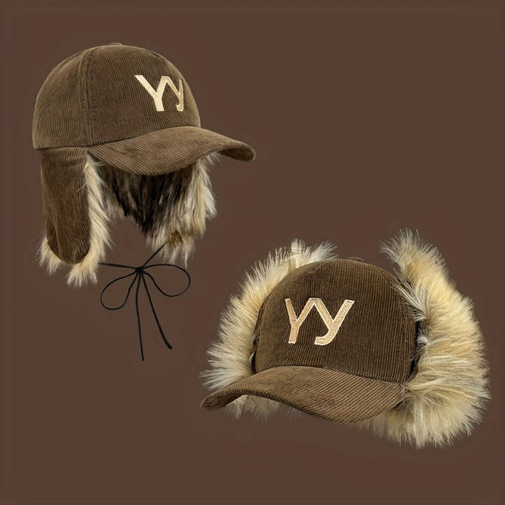 1 Gorra de Béisbol para Mujer con Bordado de Letras Yy, Gorra de Alta Gama para Usar dos Veces en Otoño e Invierno, Gorra Retro de Piel Sintética con Protección para las Orejas, Gorra de Pato de Pato Gruesa y Cálida de Pana a la Moda