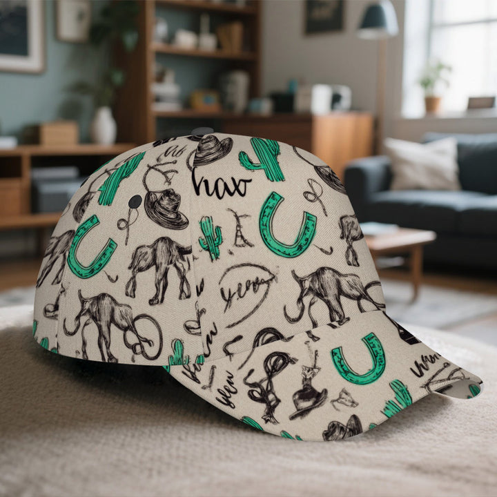 1 gorra de béisbol con estilo vaquero occidental - Gorra vibrante de poliéster con cierre ajustable, diseño completo con cactus, ideales para correr, deportes y ropa de calle al aire libre.