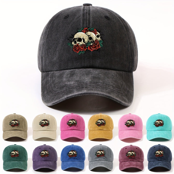 1 Gorra de béisbol impresa con un solo auricular, lavada a mano, ajustable, ligera, no elástica, con tema de vacaciones, diseño de rosa y calavera, para hombres, mujeres, ciclismo urbano al aire libre, todas las estaciones.