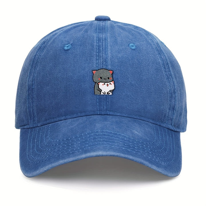 1 pieza de gorra de béisbol bordada con dibujos animados de gatitos grises y blancos, ajustable, ligera, transpirable, para todas las estaciones, poliéster, 100g/m², con instrucciones de cuidado de lavado a mano.