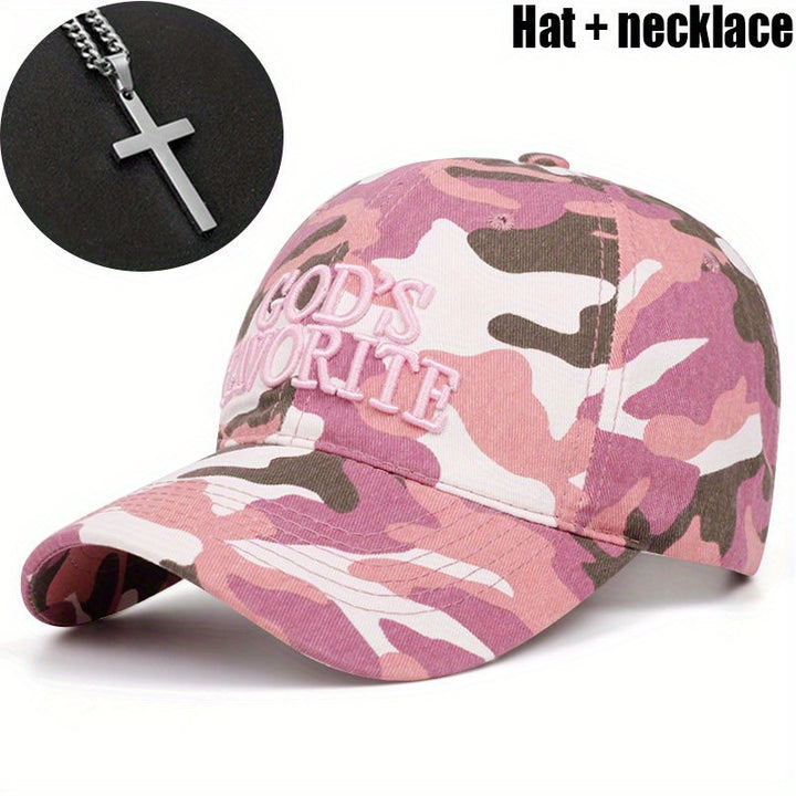 Juego de 2 piezas (gorra + collar) Gorra de béisbol con camuflaje y letras favoritas del dios para hombre, gorra deportiva transpirable de verano al aire libre, sombrero de sol unisex ajustable