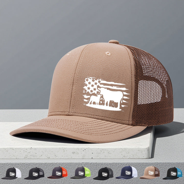 Gorra de malla ajustable con diseño de bandera americana y vaca, sombrero transpirable de 6 paneles para pesca, trabajo en granja y uso casual, tamaño unisex, color café con costura blanca
