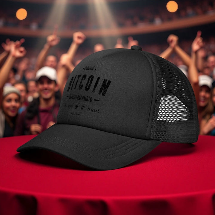 1 gorra de béisbol inspirada en Bitcoin - Diseño de Satoshi Nakamoto, gorra de camionero de poliéster negro, transpirable y ligera, ajuste unisex para todas las estaciones, perfecta para aventuras al aire libre y uso casual, ropa de cabeza al aire libre |