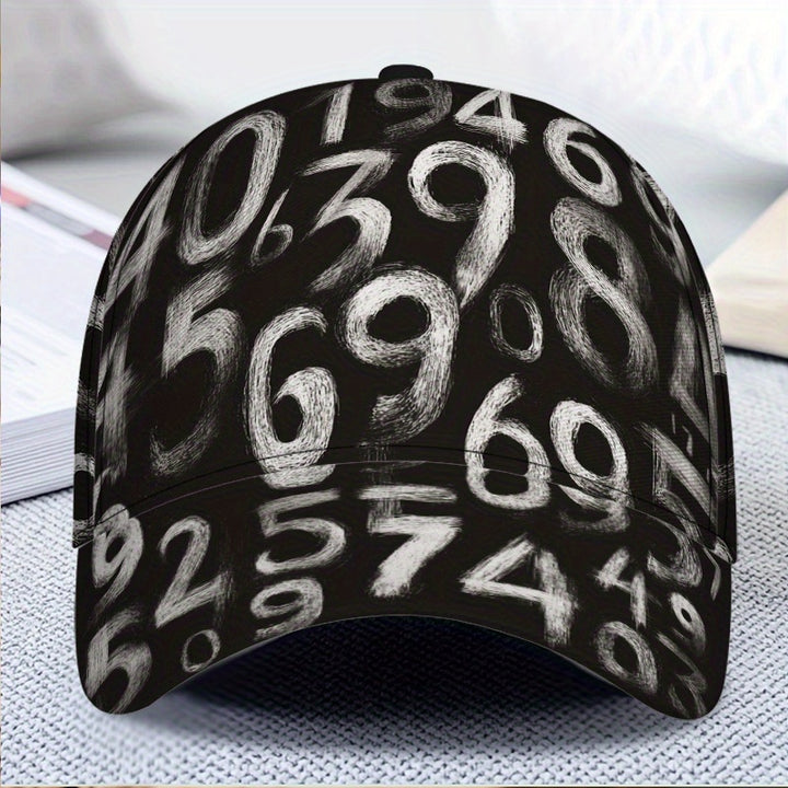 1 pieza de gorra de béisbol con números de pizarra 2D, ligera, de poliéster, con estampado vibrante completo, ideal para correr, deportes y ropa de calle, perfecta para Halloween, Acción de Gracias y Navidad.