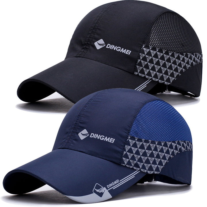 2 gorras DINGMEI ajustables para hombre y mujer, con espalda de malla transpirable, protección solar, gorras para viajes al aire libre en negro y azul con paneles laterales geométricos, gorra casual | Diseño geométrico moderno | Gorra de fibra de poliéste
