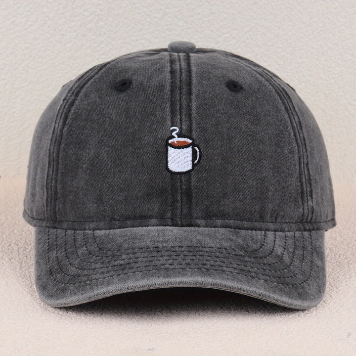 Gorra de béisbol ajustable de tela con bordado de café - Ligera, transpirable, cierre de botón, estilo urbano para hombres y mujeres