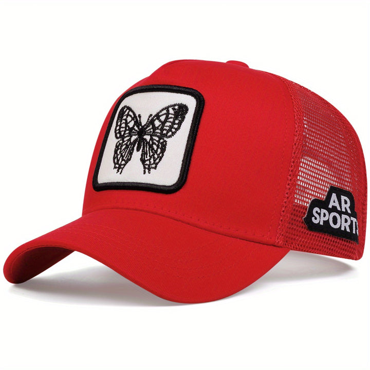 Gorra de Camionero Bordada con Mariposa para Hombre - Gorra de Béisbol Ajustable para Protección Solar al Aire Libre, Malla Ligera y Transpirable en la Parte Posterior, Diseño Elegante de Animales en Naranja, Negro/Blanco o Amarillo, Ideal para Viajes, Va