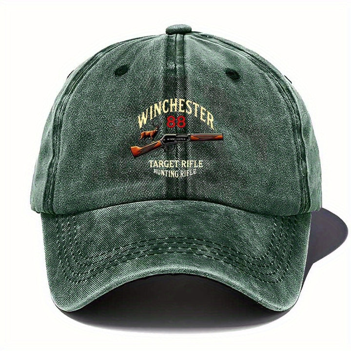 Gorra de Caza para Hombres/Mujeres - Sombrero de Exploración en la Naturaleza con Gráfico de Rifle, Gris Oscuro/Oliva, Accesorio para Cazadores y Actividades al Aire Libre, Lavable a Mano, Diseño Resistente, Tela Duradera, Ideal para Camping y Deportes de