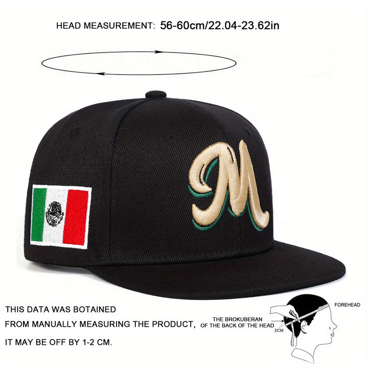 Gorra de béisbol con bandera de México y logo 'M' para hombre, 1 unidad, ajustable, ligera de poliéster, ideal para viajes, playa y uso casual (negro/verde/rojo), accesorio para exteriores, diseño con letras detallado
