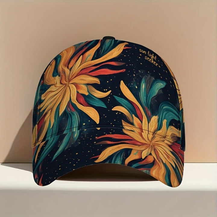 1 Gorra de béisbol con estampado de flujo Radiant Sunburst - Sombrero ajustable con cierre a presión, diseño floral vibrante y noche estrellada, ligera, perfecta para salidas diarias, reuniones de grupo, Navidad, ropa casual, sombrero casual, sombrero ele