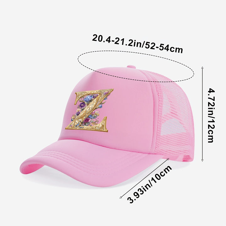 Gorra Trucker para Jóvenes con Diseño de Letra A Floral Dorada - Protección Solar Transpirable, 100% Poliéster, Cierre Ajustable con Broche, Rosa para Primavera/Verano, Regreso a Clases y Día del Maestro (Edades 3-14)