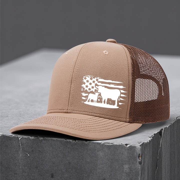 Gorra de malla ajustable con diseño de bandera americana y vaca, sombrero transpirable de 6 paneles para pesca, trabajo en granja y uso casual, tamaño unisex, color café con costura blanca