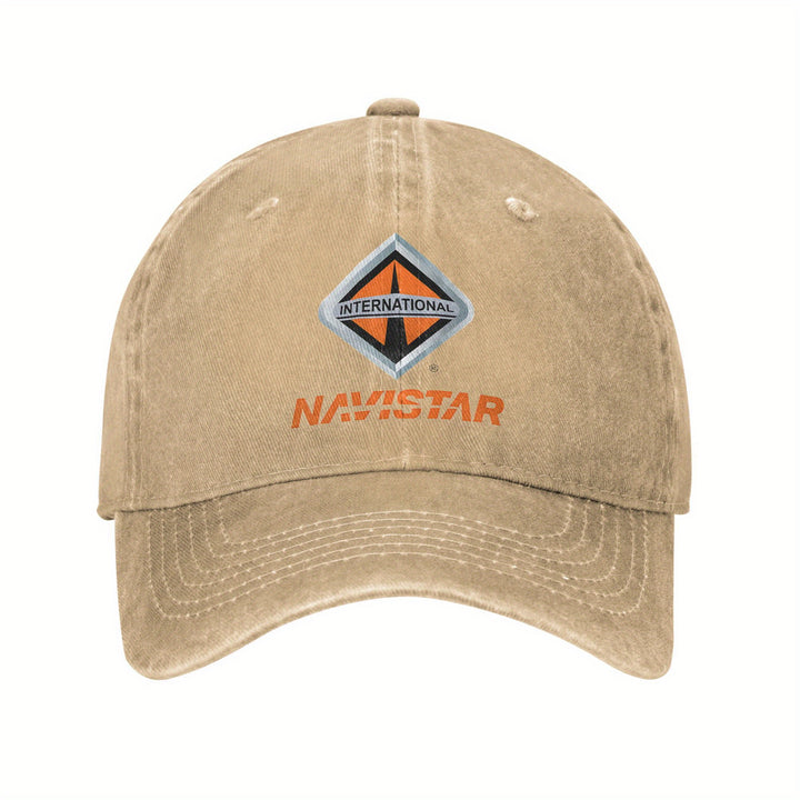 Gorra de béisbol internacional Navistar 2025 - Negro lavado con logotipo rojo y naranja, algodón transpirable, ajuste ajustable para deportes al aire libre, golf, running - Regalo elegante para hombres y mujeres