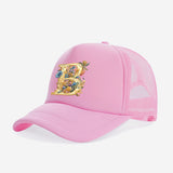 Gorra Trucker para Jóvenes con Diseño de Letra A Floral Dorada - Protección Solar Transpirable, 100% Poliéster, Cierre Ajustable con Broche, Rosa para Primavera/Verano, Regreso a Clases y Día del Maestro (Edades 3-14)
