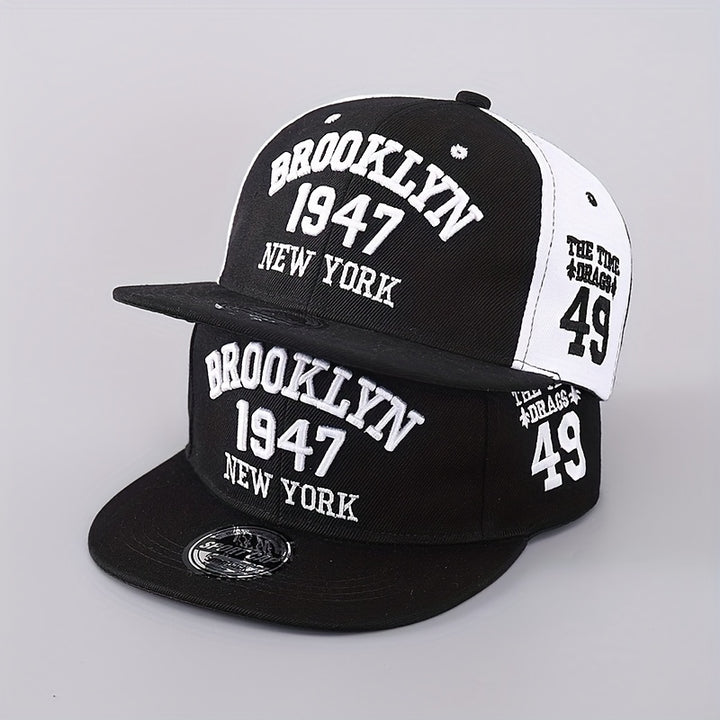 2 piezas/1 pieza gorra de béisbol de ala plana con bordado de letras y números unisex, moda sencilla, gorra ajustable con borde plano, gorra plana de hip hop para hombres y mujeres, adecuada para actividades al aire libre.