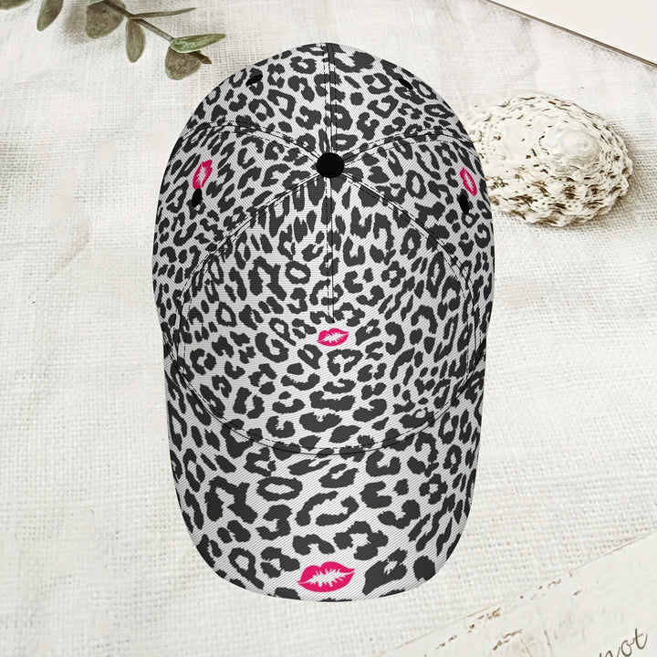 Gorra de Béisbol con Estampado de Leopardo y Besos Rosados - Gorra Unisex Ajustable Ligera y Transpirable para Deportes, Viajes al Aire Libre, Sombrero Glamuroso Todo el Año, Lavable a Máquina, Regalo Festivo, Accesorio Divertido y Duradero