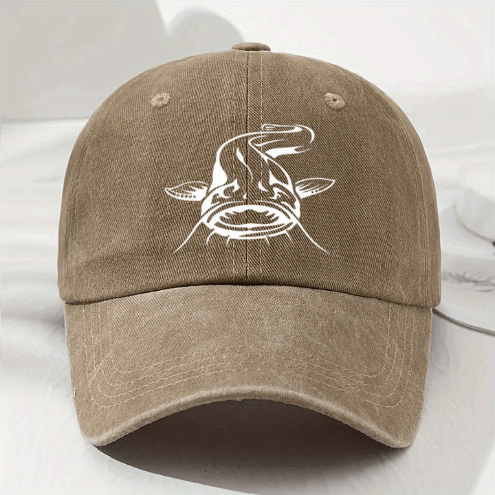 Gorra de Béisbol Blanca con Estampado de Pescado Desgastada, Visera Curva Casual y Suave, Tamaño Ajustable para Exteriores, Gorra Duckbill a la Moda