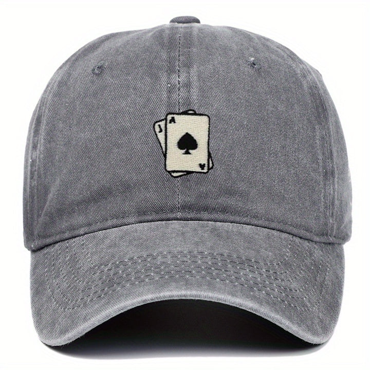Gorra de béisbol lavada con diseño bordado de cartas, ajustable para hombres y mujeres