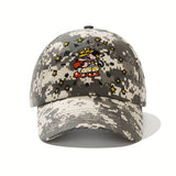 Gorra de béisbol de camuflaje negro para hombres y mujeres con personaje de caricatura bordado - Streetwear elegante, protector solar, ajustable con cierre de presión, material de poliéster, lavable a mano, equipo de cabeza para exteriores | Gorra de esta