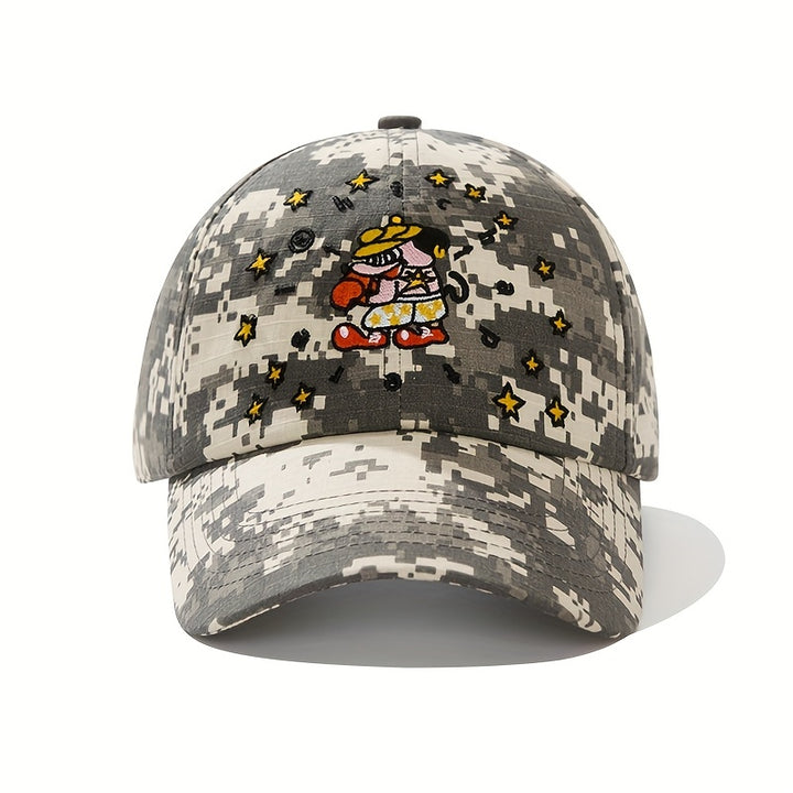 Gorra de béisbol de camuflaje negro para hombres y mujeres con personaje de caricatura bordado - Streetwear elegante, protector solar, ajustable con cierre de presión, material de poliéster, lavable a mano, equipo de cabeza para exteriores | Gorra de esta