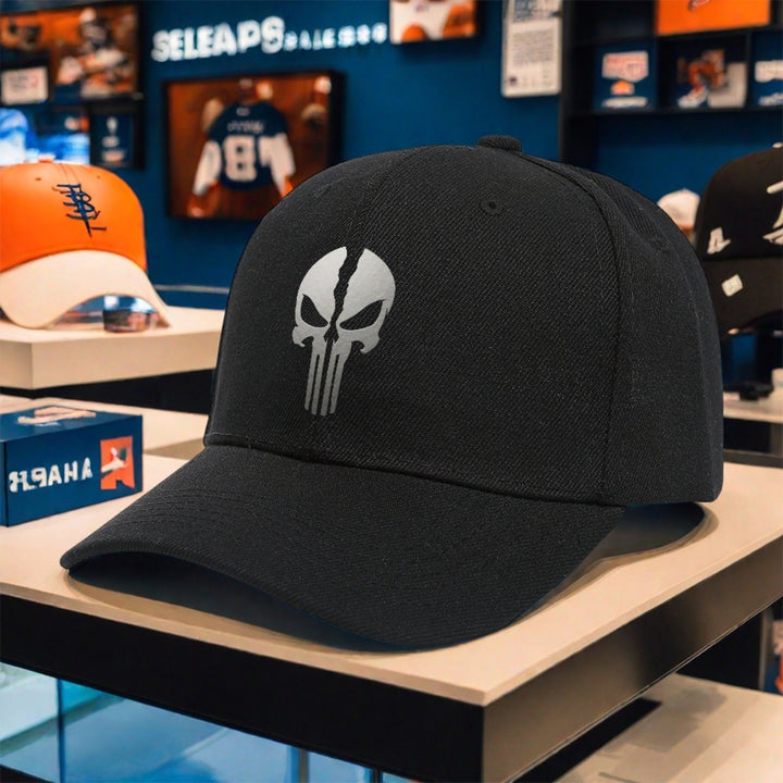 Gorra de Béisbol para Mujer con Estampado de Calavera Punisher - Ajustable, Ligera y Transpirable de Poliéster, Ideal para  y Senderismo, Negra con Estampado Blanco, Diseño Moderno de Estilo Urbano para Comodidad Todo el Año. Tejido de Tela