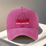 Gorra de béisbol ajustable del proyecto Nude - Ligera, lavable a mano, cierre de snapback, negra con diseño de texto rojo cereza y blanco, perfecta para viajes al aire libre y Halloween, accesorios de Halloween | Diseño juguetón | Gorra ligera